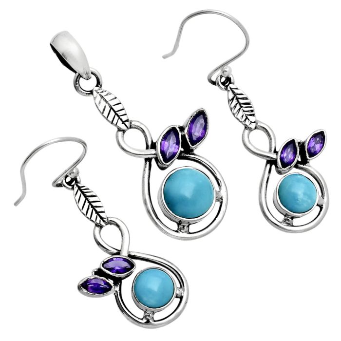 Sleeping Beauty Turquoise and Amethyst Pendant Earrings Set EXT01764 T-1013, 6x6 mm