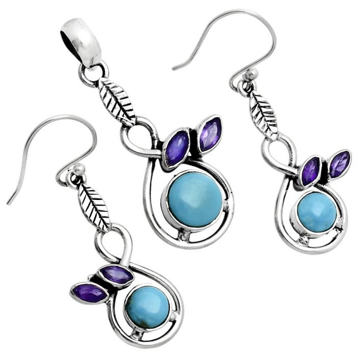 Sleeping Beauty Turquoise and Amethyst Pendant Earrings Set EXT01765 T-1013, 6x6 mm