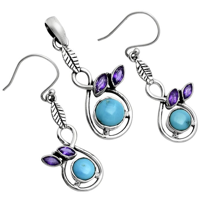 Sleeping Beauty Turquoise and Amethyst Pendant Earrings Set EXT01766 T-1013, 6x6 mm