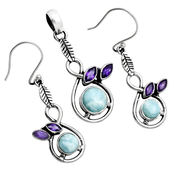 Larimar (Dominican Republic) and Amethyst Pendant Earrings Set EXT01768 T-1013, 6x6 mm