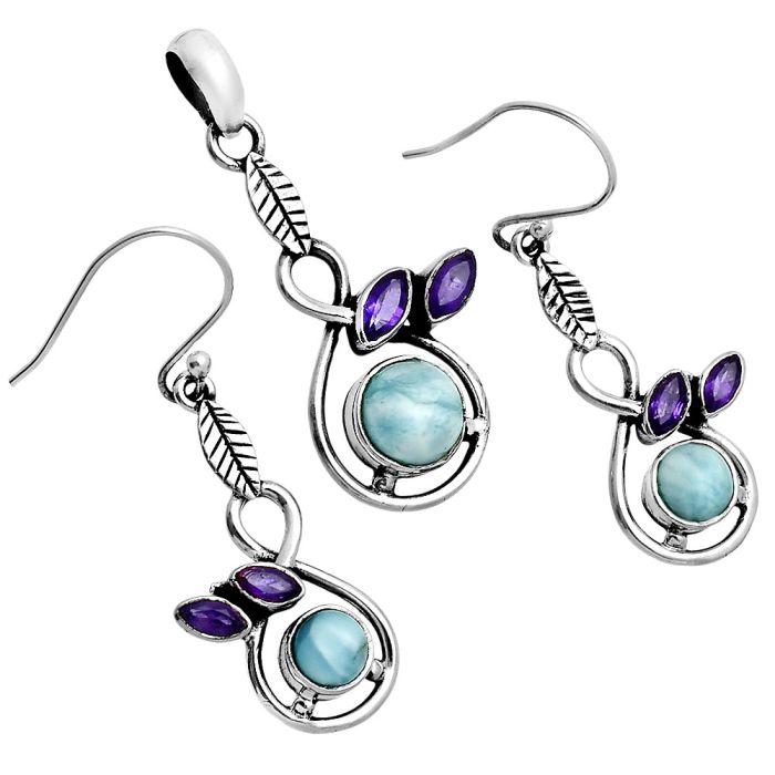 Larimar (Dominican Republic) and Amethyst Pendant Earrings Set EXT01769 T-1013, 6x6 mm