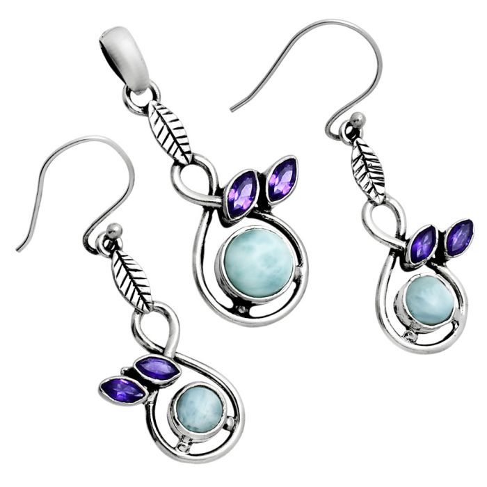 Larimar (Dominican Republic) and Amethyst Pendant Earrings Set EXT01770 T-1013, 6x6 mm