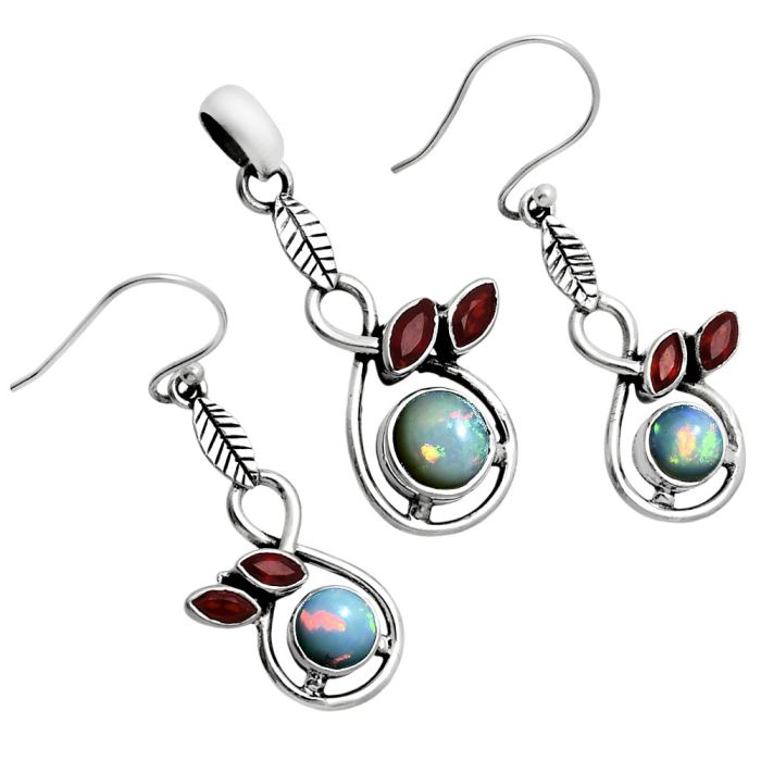 Ethiopian opal and Garnet Pendant Earrings Set EXT01771 T-1013, 6x6 mm