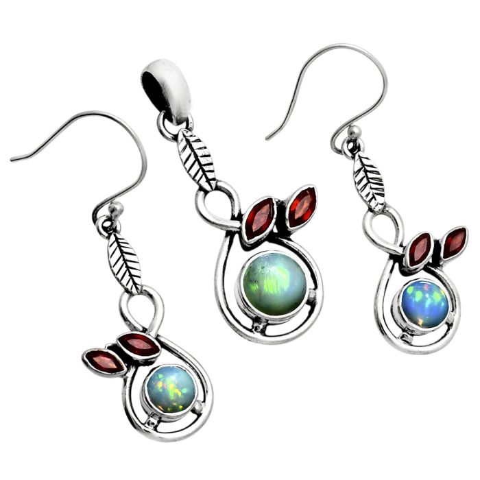 Ethiopian opal and Garnet Pendant Earrings Set EXT01772 T-1013, 6x6 mm