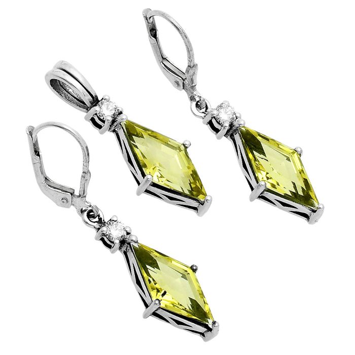 Lemon Quartz and White Zircon Pendant Earrings Set EXT01773 T-1016, 8x16 mm