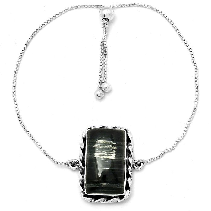 AdjustableSilver Leaf Obsidian Slider Bracelet SDB3975 B-1021, 12x20 mm