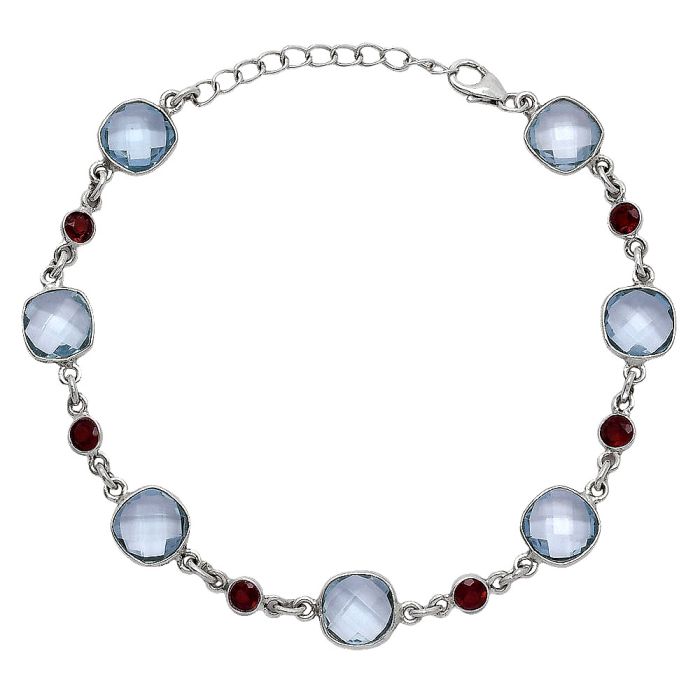 Sky Blue Topaz Checker Briolette and Garnet Bracelet SDB5297 B-1006, 8x8 mm