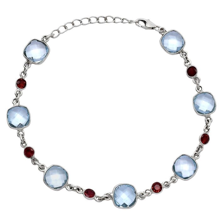 Sky Blue Topaz Checker Briolette and Garnet Bracelet SDB5298 B-1006, 8x8 mm