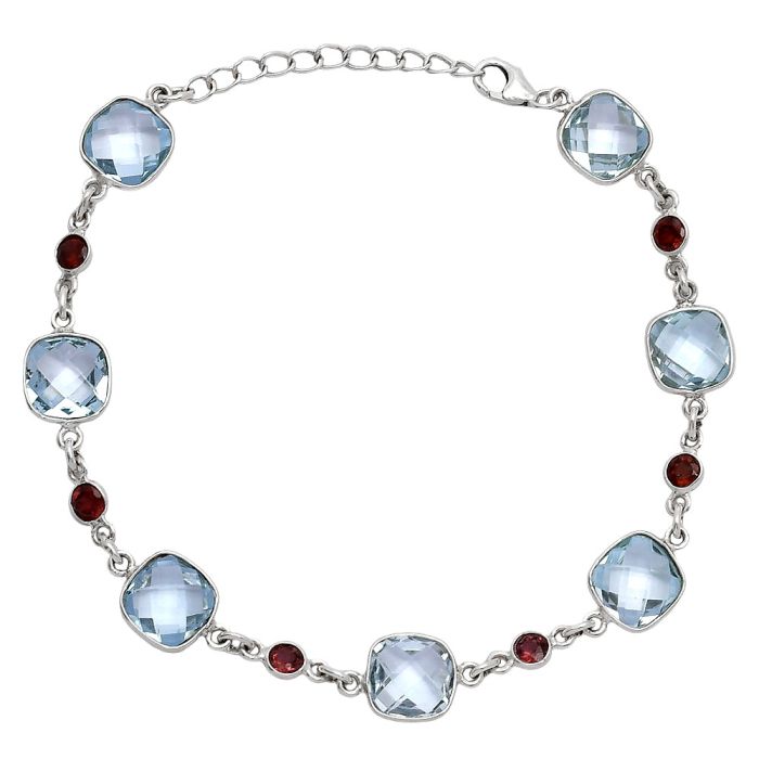 Sky Blue Topaz Checker Briolette and Garnet Bracelet SDB5299 B-1006, 9x9 mm