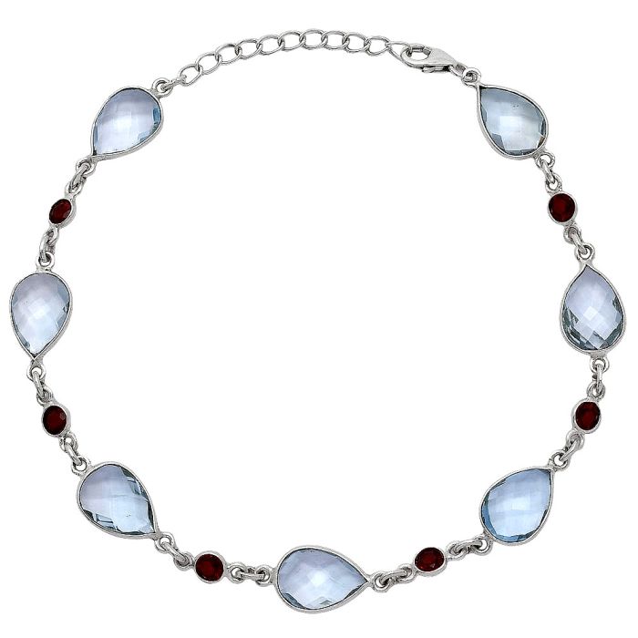 Sky Blue Topaz Checker Briolette and Garnet Bracelet SDB5300 B-1006, 8x12 mm