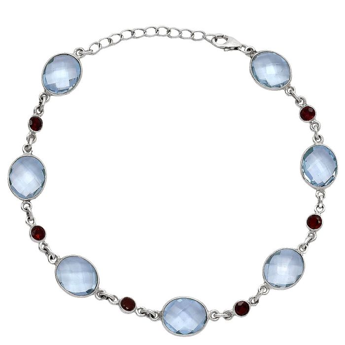 Sky Blue Topaz Checker Briolette and Garnet Bracelet SDB5301 B-1006, 9x11 mm