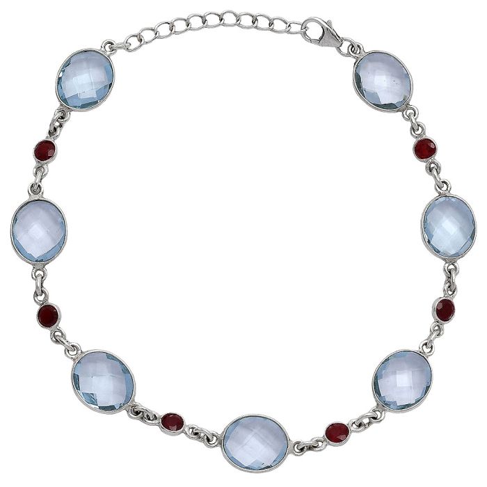 Sky Blue Topaz Checker Briolette and Garnet Bracelet SDB5302 B-1006, 9x11 mm