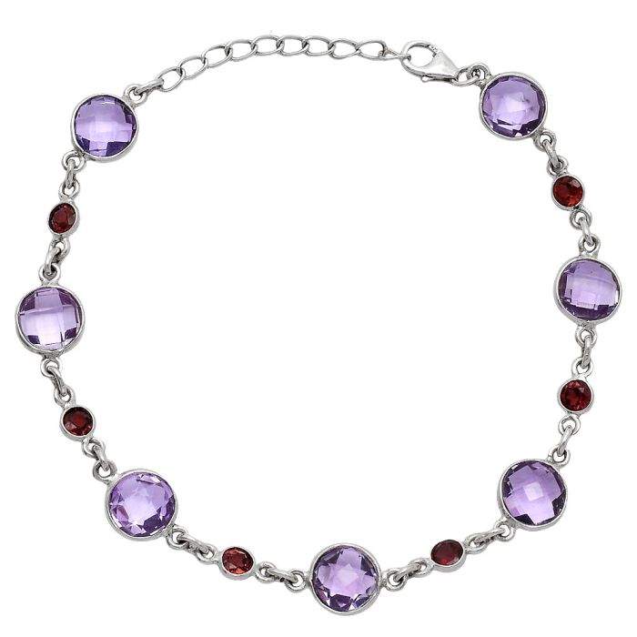 Amethyst Checker Briolette and Garnet Bracelet SDB5303 B-1006, 8x8 mm