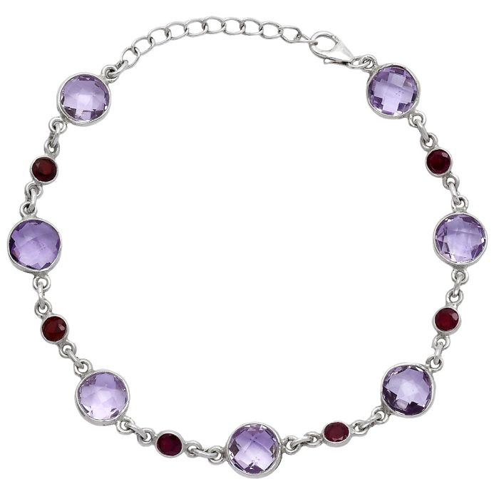 Amethyst Checker Briolette and Garnet Bracelet SDB5305 B-1006, 8x8 mm