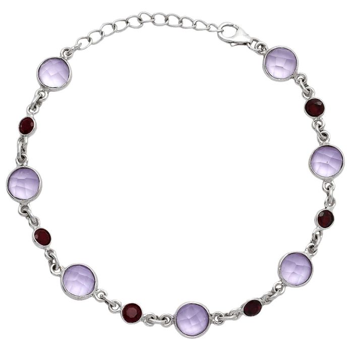 Amethyst Checker Briolette and Garnet Bracelet SDB5306 B-1006, 7x7 mm