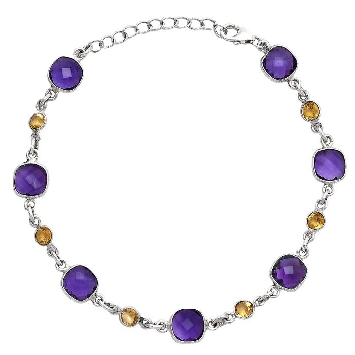 Amethyst Checker Briolette and Citrine Bracelet SDB5307 B-1006, 7x7 mm