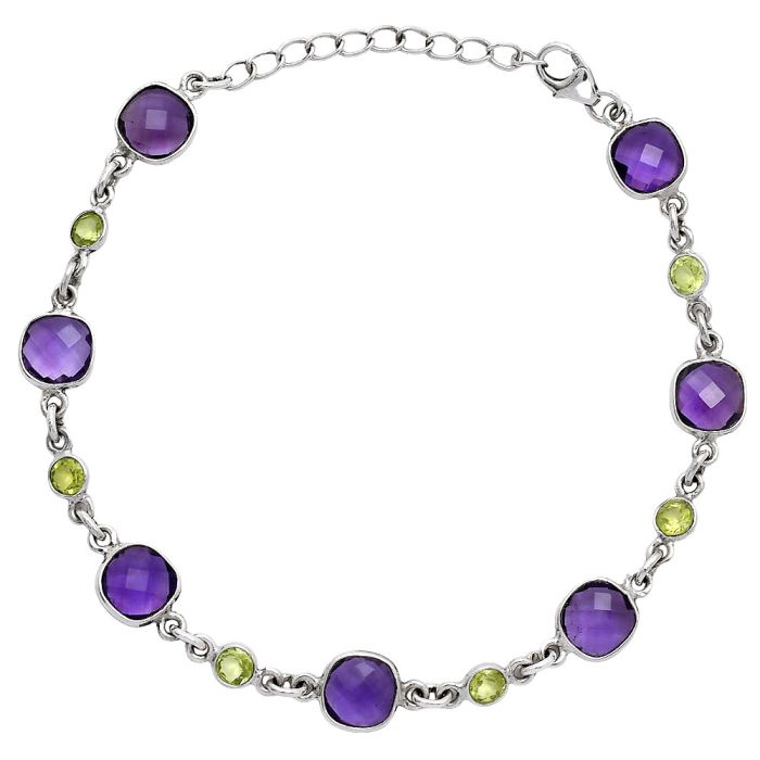 Amethyst Checker Briolette and Peridot Bracelet SDB5308 B-1006, 7x7 mm