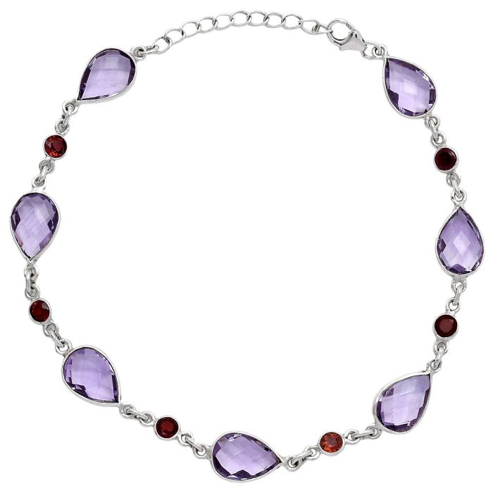 Amethyst Checker Briolette and Garnet Bracelet SDB5310 B-1006, 8x12 mm