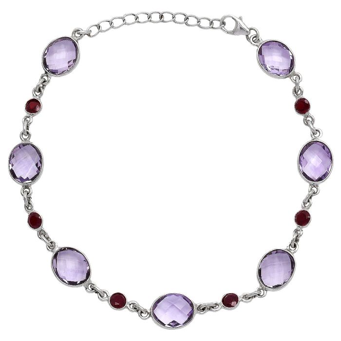 Amethyst Checker Briolette and Garnet Bracelet SDB5312 B-1006, 8x10 mm