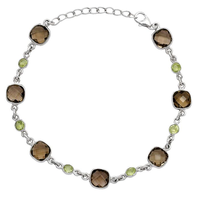 Smoky Quartz Checker Briolette and Peridot Bracelet SDB5320 B-1006, 7x7 mm