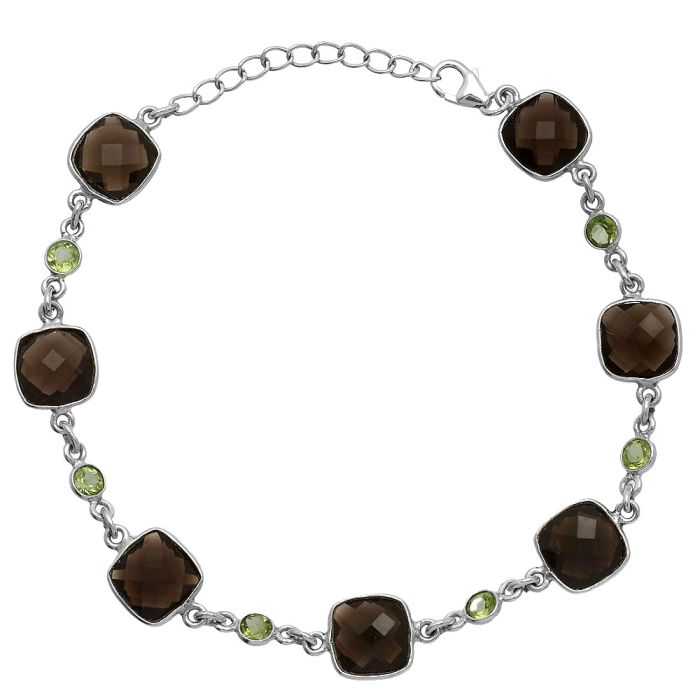 Smoky Quartz Checker Briolette and Peridot Bracelet SDB5322 B-1006, 9x9 mm