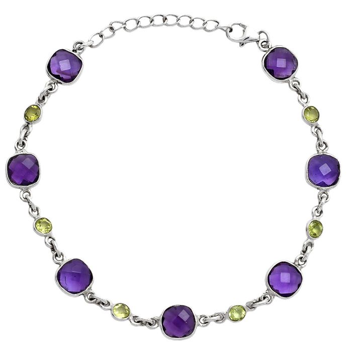 Amethyst Checker Briolette and Peridot Bracelet SDB5323 B-1006, 7x7 mm