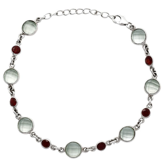 Prasiolite (Green Amethyst) Checker and Garnet Bracelet SDB5325 B-1006, 7x7 mm