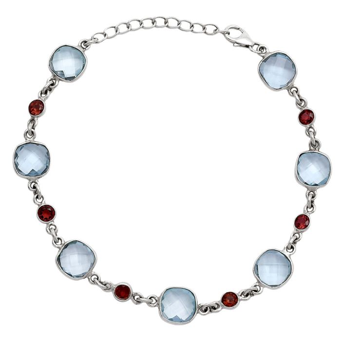 Sky Blue Topaz Checker Briolette and Garnet Bracelet SDB5327 B-1006, 8x8 mm