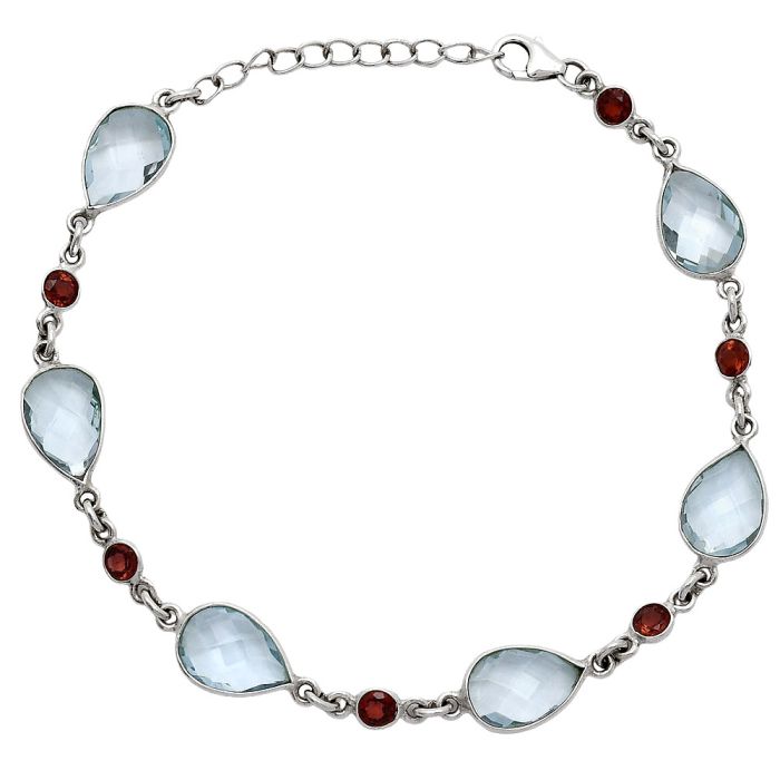 Sky Blue Topaz Checker Briolette and Garnet Bracelet SDB5328 B-1006, 8x11 mm