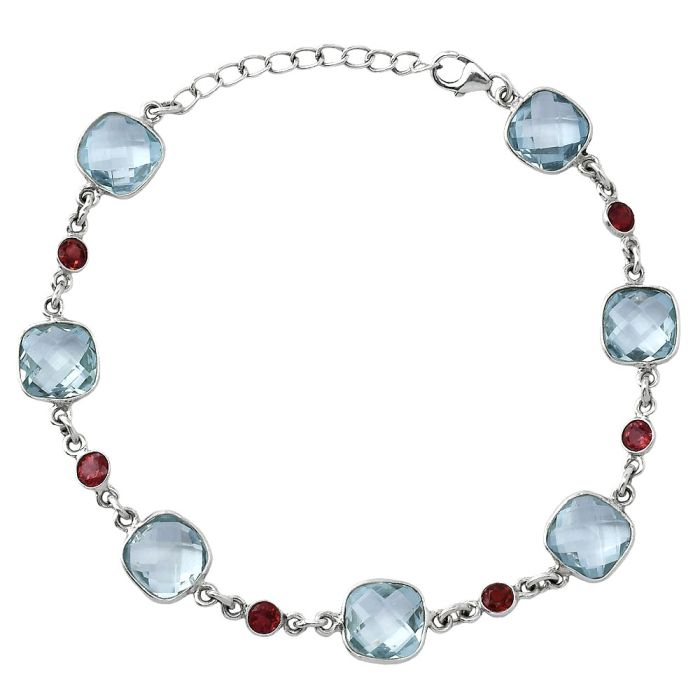 Sky Blue Topaz Checker Briolette and Garnet Bracelet SDB5329 B-1006, 9x9 mm