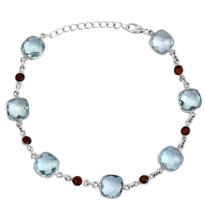 Sky Blue Topaz Checker Briolette and Garnet Bracelet SDB5330 B-1006, 9x9 mm