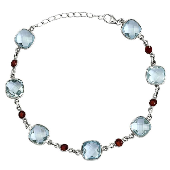 Sky Blue Topaz Checker Briolette and Garnet Bracelet SDB5331 B-1006, 9x9 mm