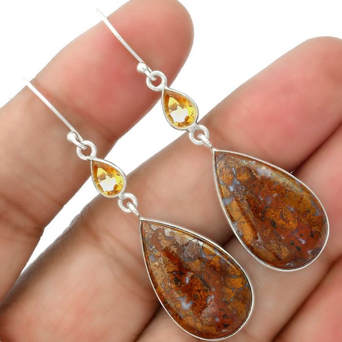 Natural Red Moss Agate and Citrine Earrings SDE35684 E-1002, 14x24 mm