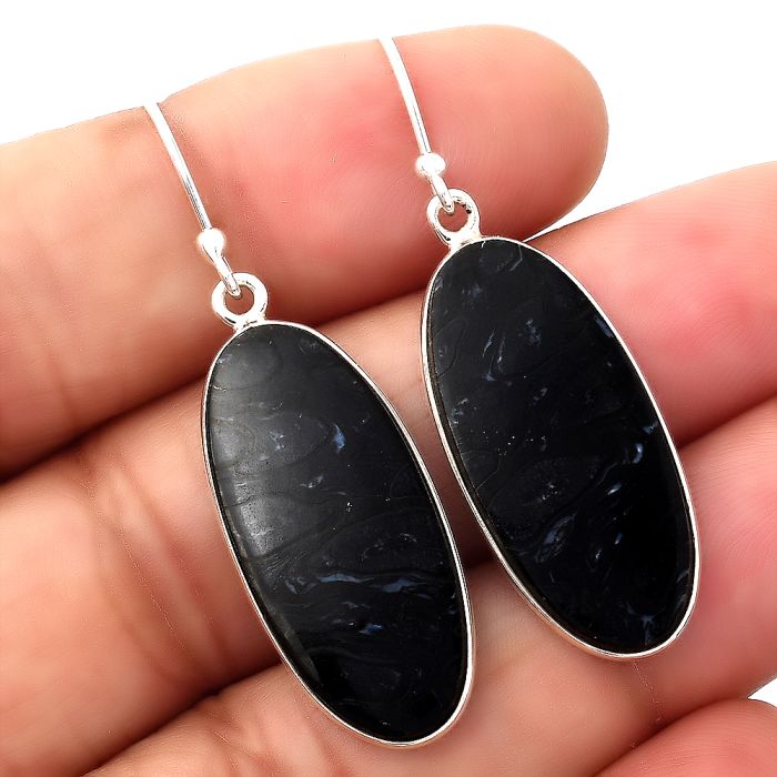 Natural Black Root Plume Agate Earrings SDE45880 E-1001, 12x27 mm