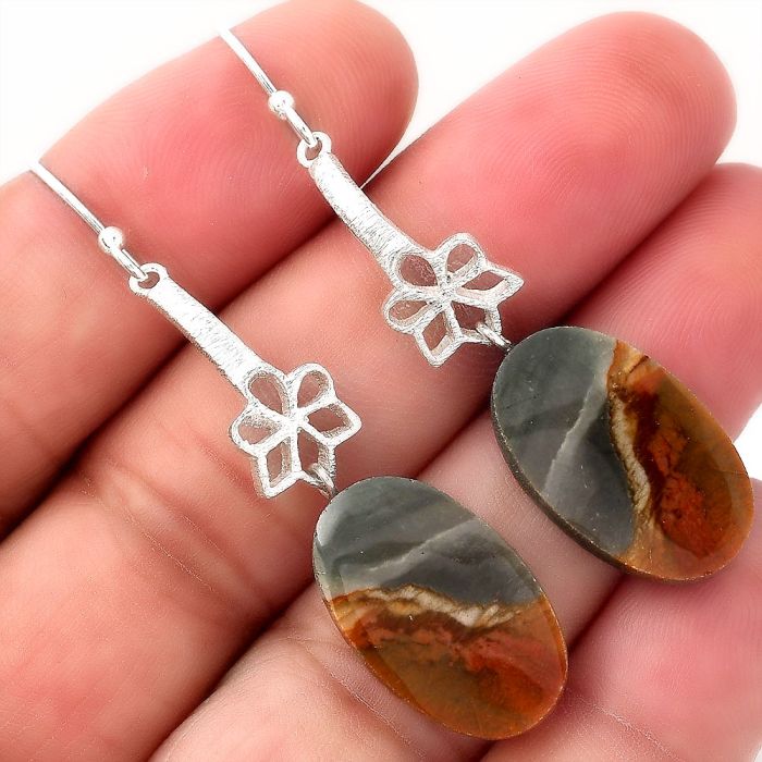 Natural Polygram Jasper Earrings SDE52567 E-1205, 13x21 mm