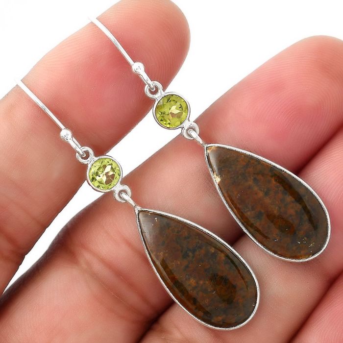 Natural Purple Cow Jasper & Peridot Earrings SDE53566 E-1002, 11x23 mm