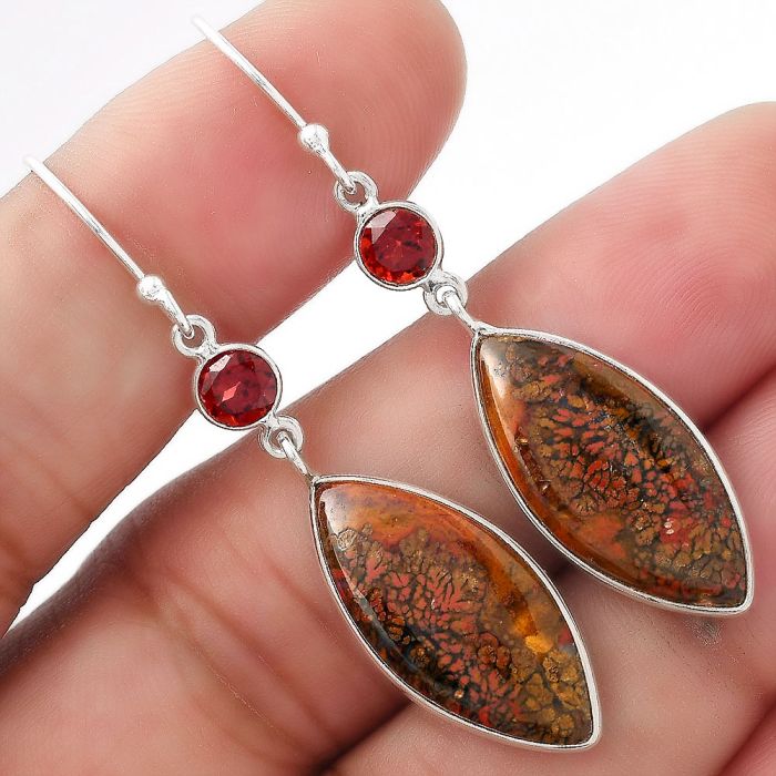 Natural Red Moss Agate & Garnet Earrings SDE53593 E-1002, 11x22 mm