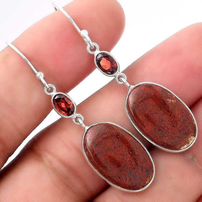 Natural Red Moss Agate & Garnet Earrings SDE53655 E-1002, 11x19 mm