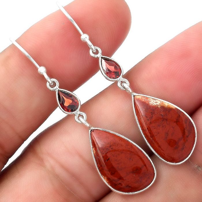 Natural Red Moss Agate & Garnet Earrings SDE53761 E-1002, 10x18 mm