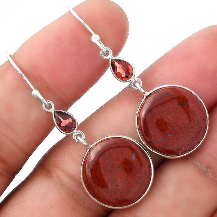 Natural Red Moss Agate & Garnet Earrings SDE53789 E-1002, 15x15 mm