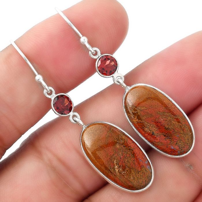 Natural Red Moss Agate & Garnet Earrings SDE53868 E-1002, 11x20 mm