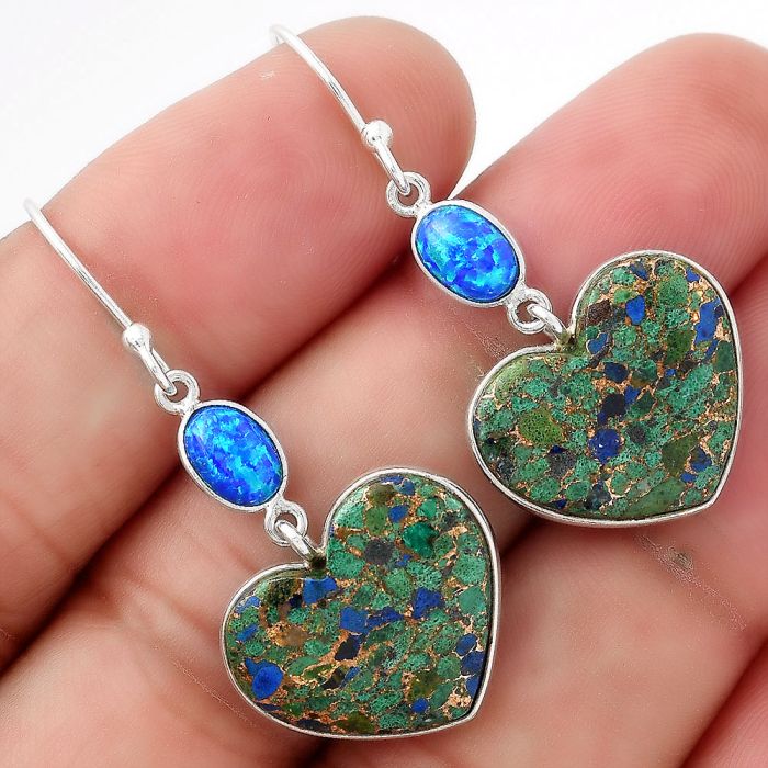 Heart Kingman Turquoise Azurite Malachite & Fire Opal Earrings SDE53889 E-1023, 16x18 mm