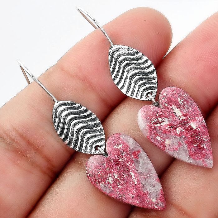 Valentine Gift Heart Natural Pink Thulite - Norway Earrings SDE56951 E-1203, 14x21 mm