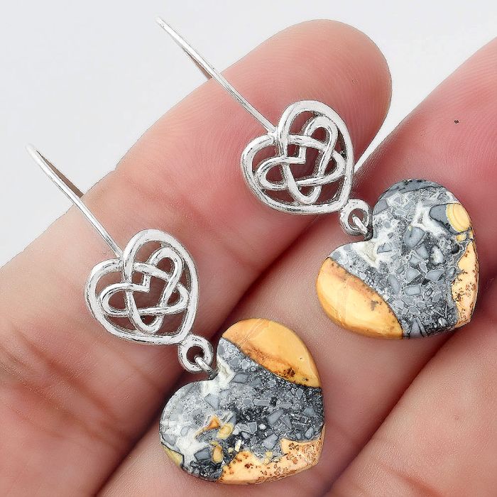 Valentine Gift Celtic - Heart Natural Maligano Jasper Earrings SDE57081 E-1213, 15x16 mm
