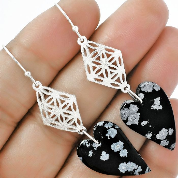 Valentine Gift Heart Natural Snow Flake Obsidian Earrings SDE61102 E-1108, 16x22 mm