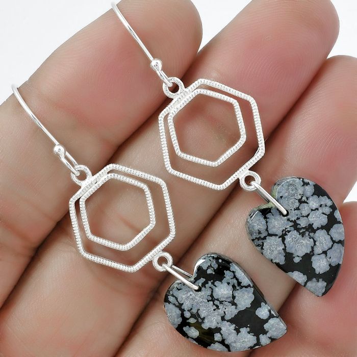 Valentine Gift Heart Natural Snow Flake Obsidian Earrings SDE61203 E-1148, 14x19 mm