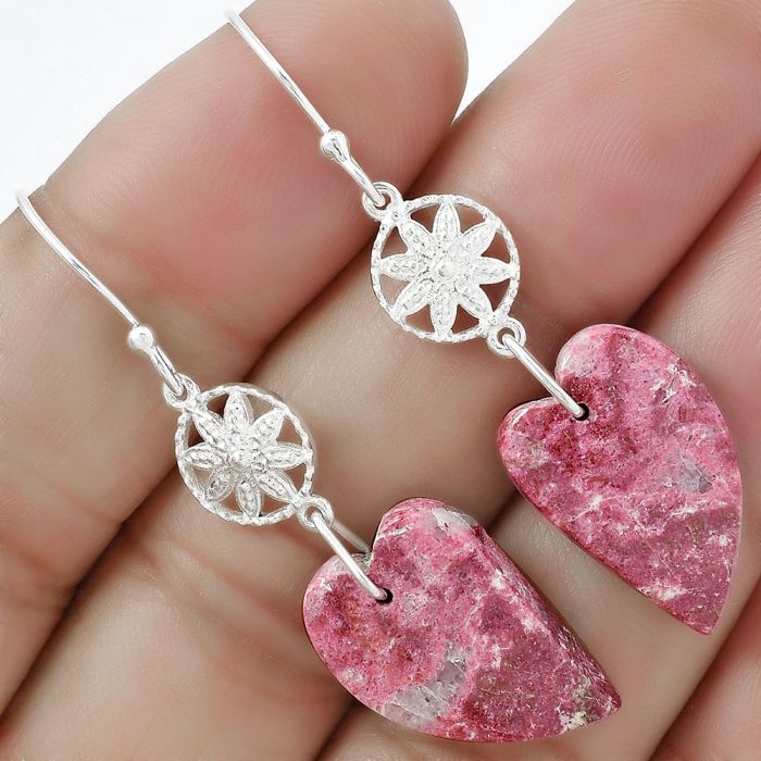 Valentine Gift Heart Natural Pink Thulite - Norway Earrings SDE61220 E-1235, 13x20 mm