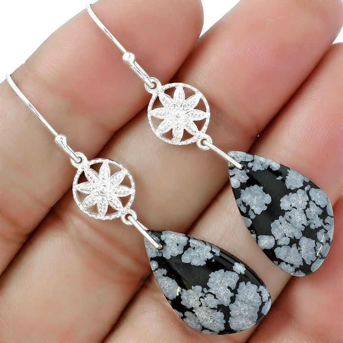 Natural Snow Flake Obsidian Earrings SDE61226 E-1235, 13x22 mm