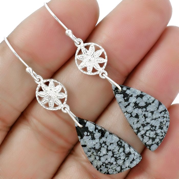 Natural Snow Flake Obsidian Earrings SDE61248 E-1235, 11x23 mm