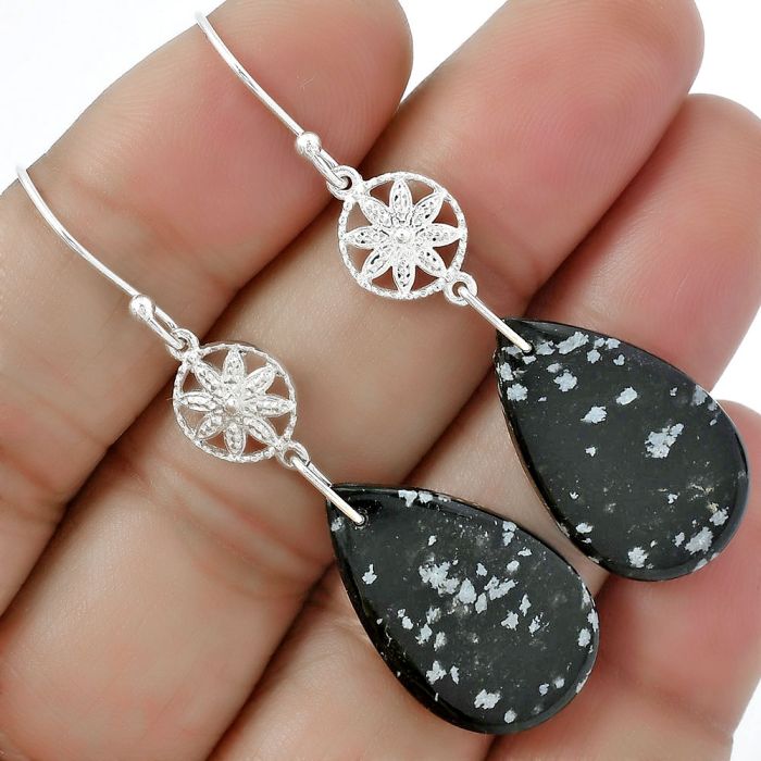 Natural Snow Flake Obsidian Earrings SDE61261 E-1235, 15x24 mm